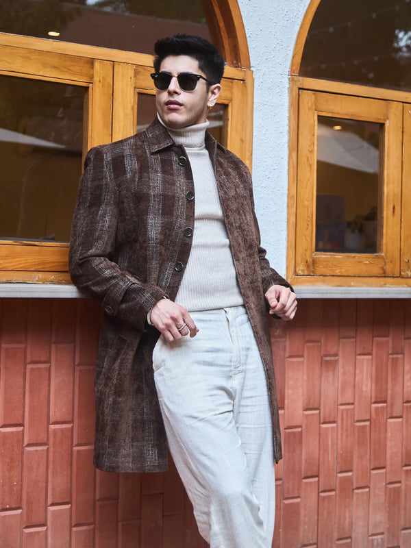 Men Knee Length Velvet Checkered Long Coat