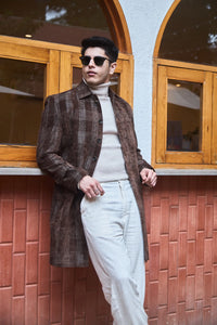 Men Knee Length Velvet Checkered Long Coat