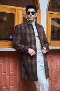 Men Knee Length Velvet Checkered Long Coat