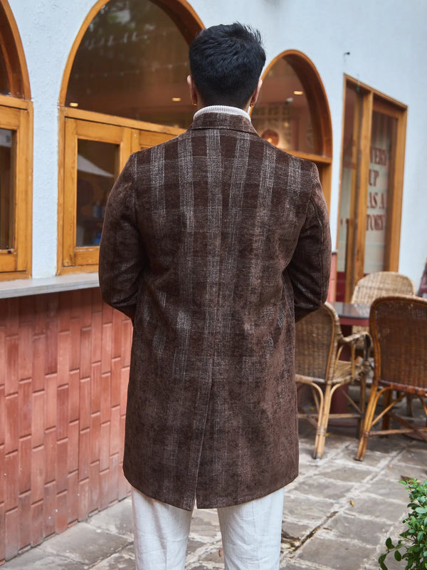Men Knee Length Velvet Checkered Long Coat