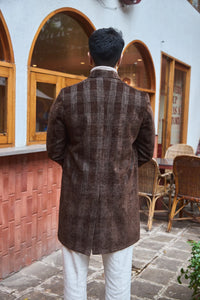 Men Knee Length Velvet Checkered Long Coat