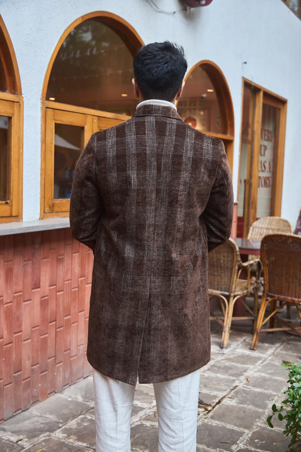 Men Knee Length Velvet Checkered Long Coat