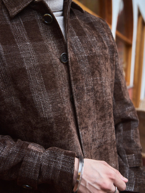 Men Knee Length Velvet Checkered Long Coat