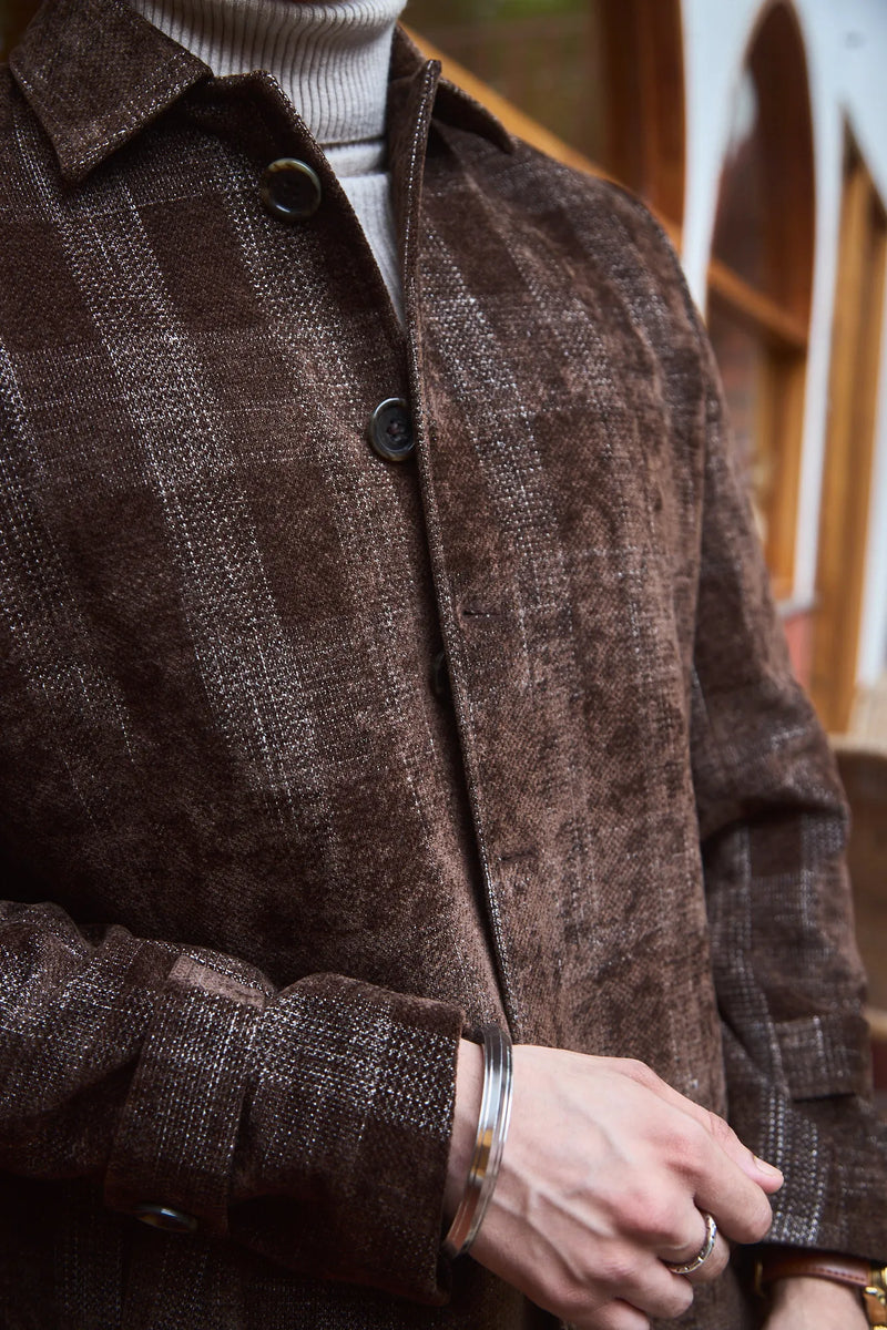Men Knee Length Velvet Checkered Long Coat