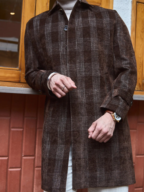 Men Knee Length Velvet Checkered Long Coat