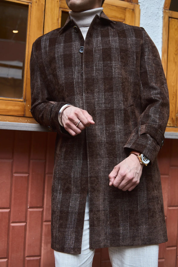Men Knee Length Velvet Checkered Long Coat