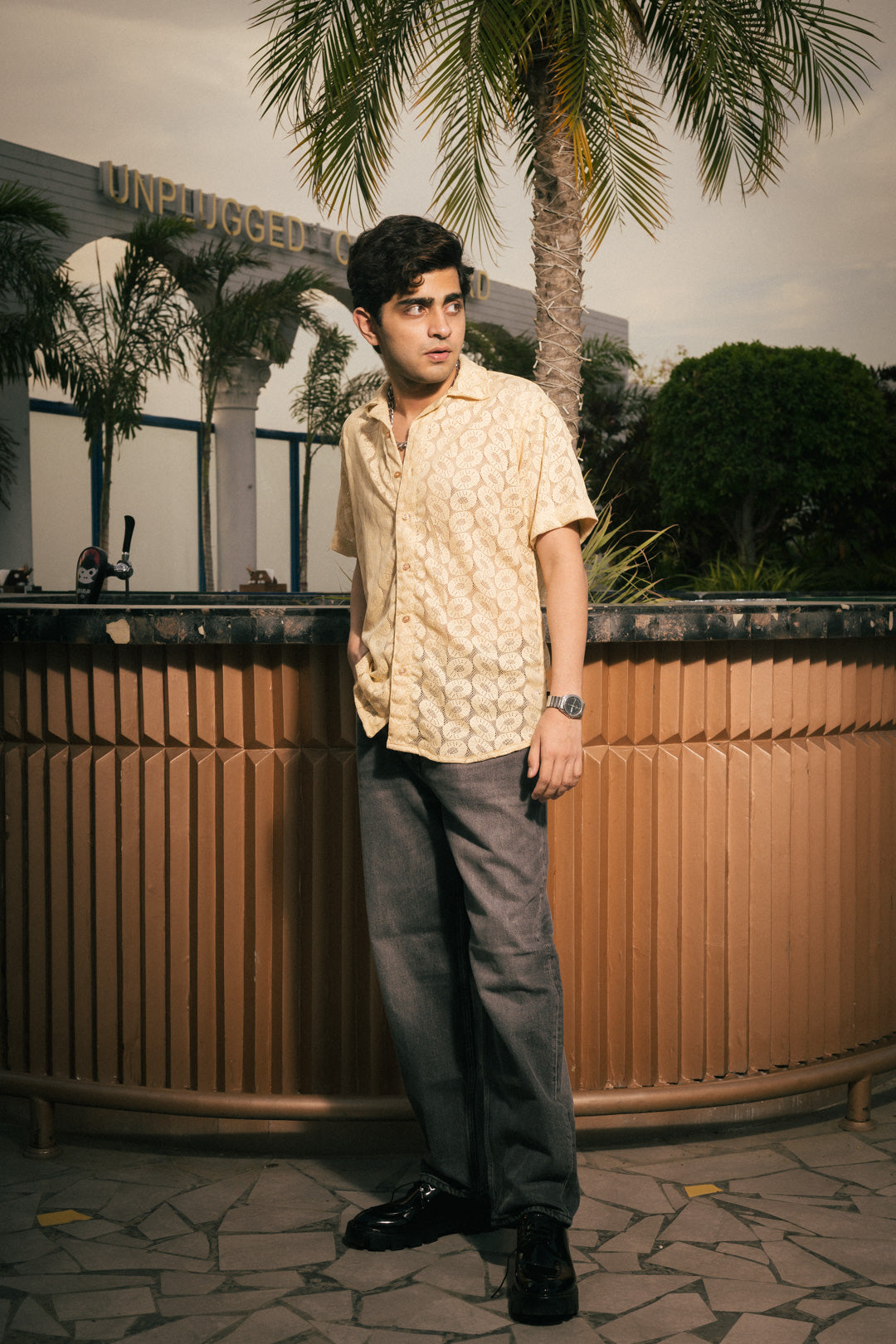 Sand Beige Recycled Crochet Knitted Resort Shirt