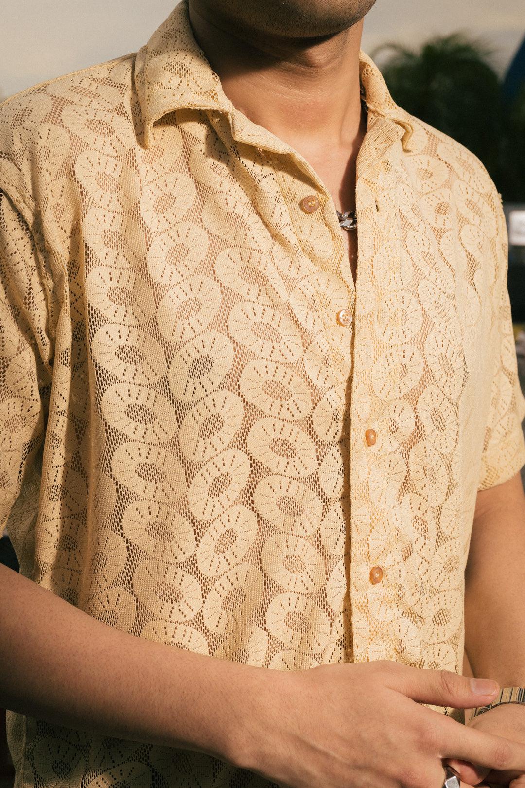 Sand Beige Recycled Crochet Knitted Resort Shirt