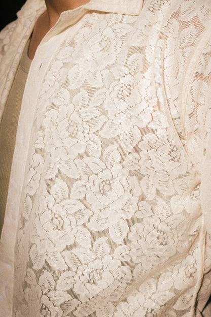 Oyester White Floral Recycled Crochet Knitted Resort Shirt