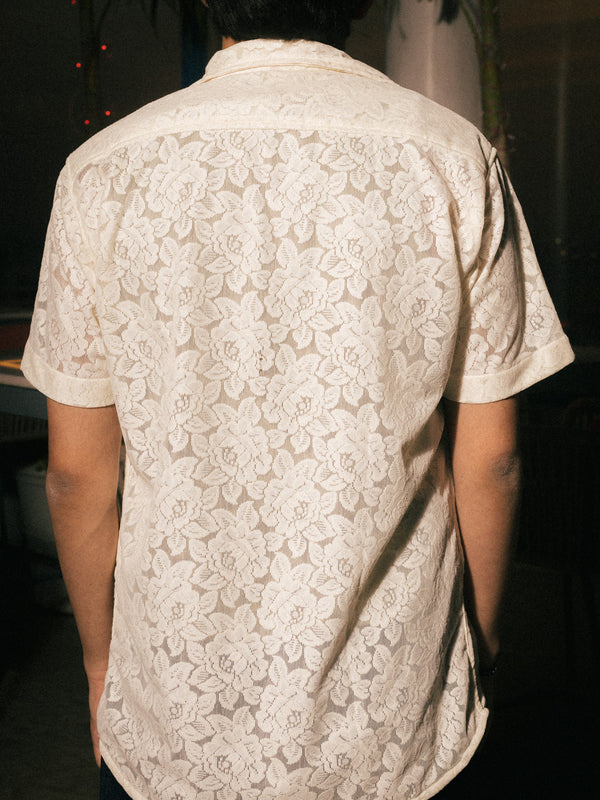 Oyester White Floral Recycled Crochet Knitted Resort Shirt