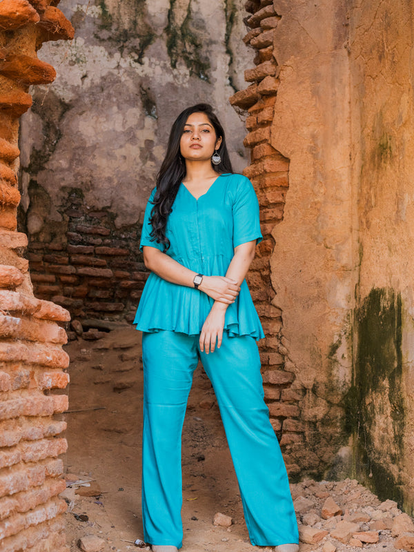 V-Neck Peplum Style Top & Trouser Rayon Co-ord Set