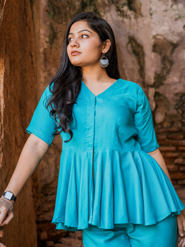 V-Neck Peplum Style Top & Trouser Rayon Co-ord Set