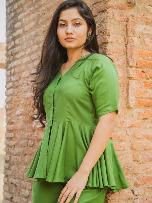 V-Neck Peplum Style Top & Trouser Rayon Co-ord Set