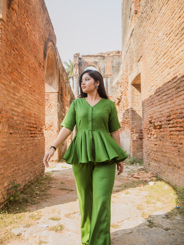 V-Neck Peplum Style Top & Trouser Rayon Co-ord Set