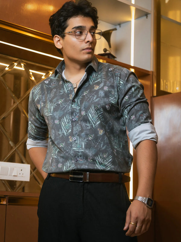 Green Floral Printed Party Wear Giza Cotton Satin Shirt