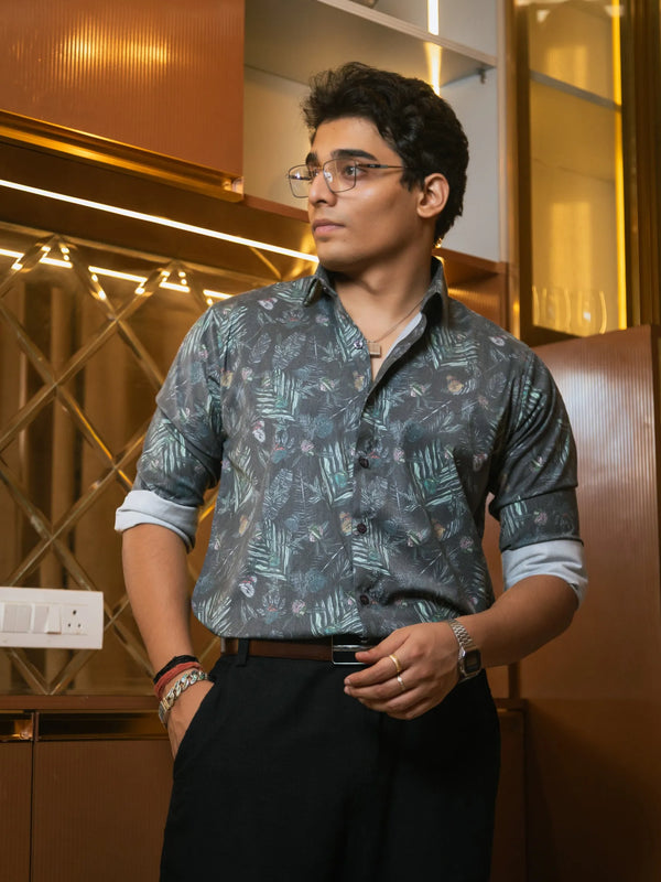 Green Floral Printed Party Wear Giza Cotton Satin Shirt