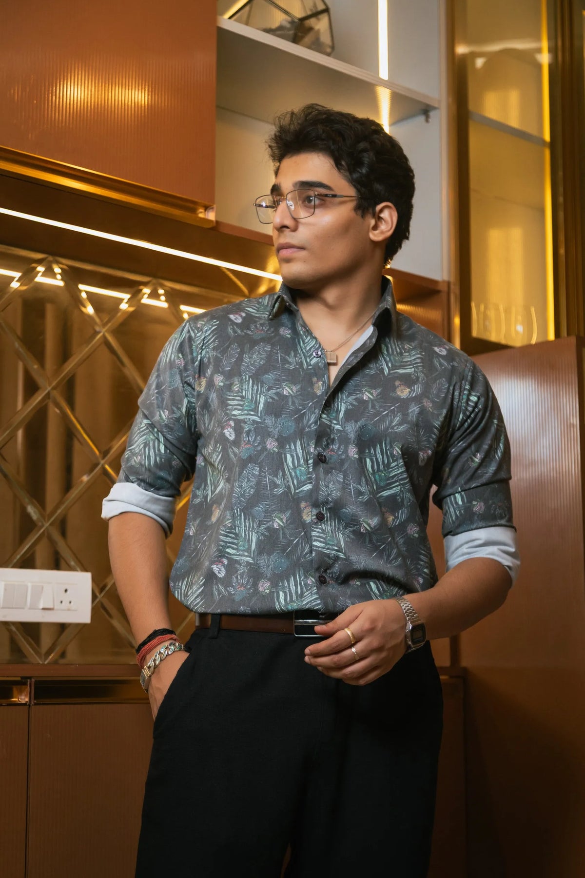 Green Floral Printed Party Wear Giza Cotton Satin Shirt