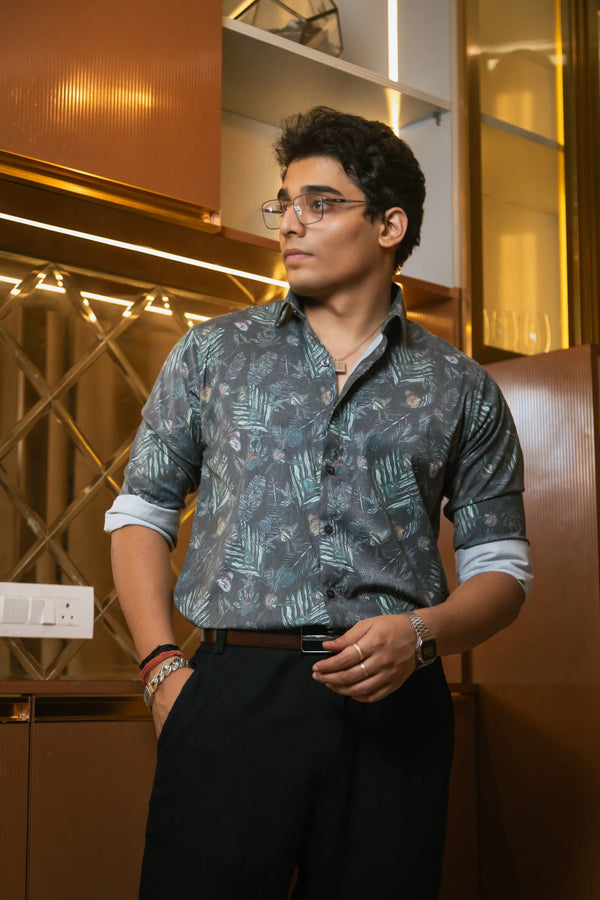 Green Floral Printed Party Wear Giza Cotton Satin Shirt
