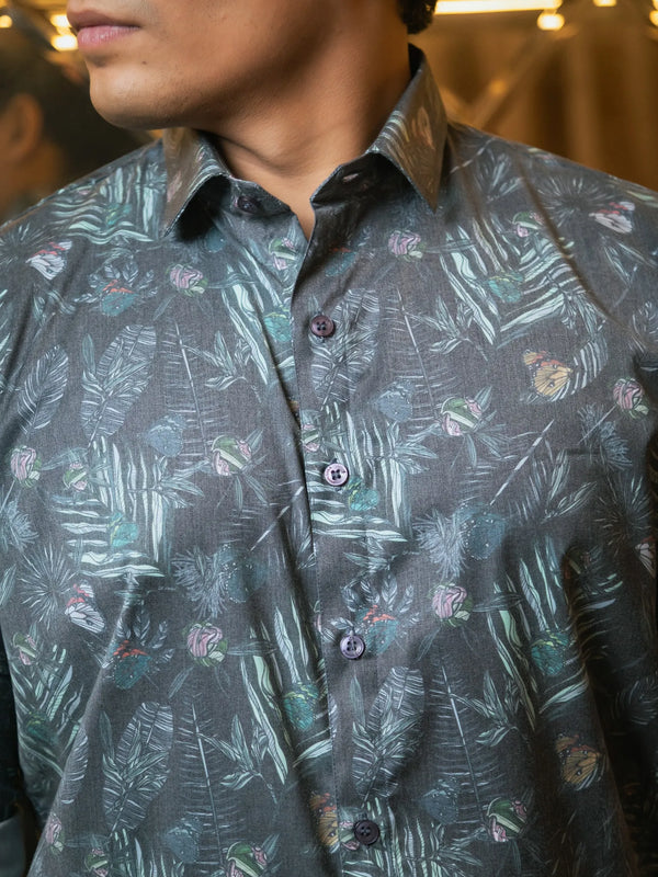Green Floral Printed Party Wear Giza Cotton Satin Shirt