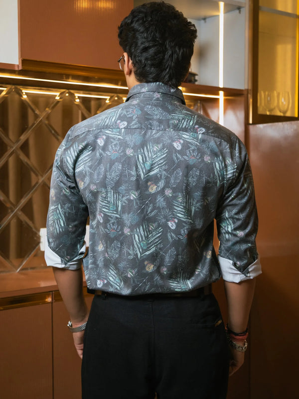 Green Floral Printed Party Wear Giza Cotton Satin Shirt
