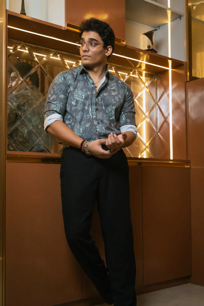 Green Floral Printed Party Wear Giza Cotton Satin Shirt