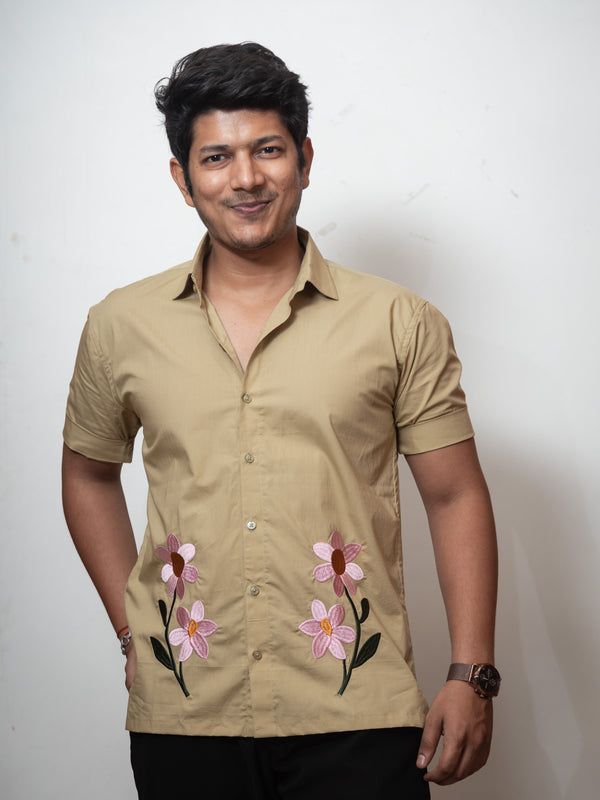 Green Boxy Fit Floral Embroidered Shirt