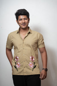 Green Boxy Fit Floral Embroidered Shirt