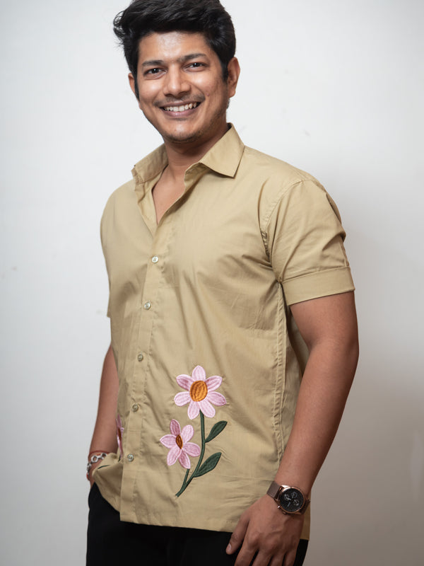 Green Boxy Fit Floral Embroidered Shirt
