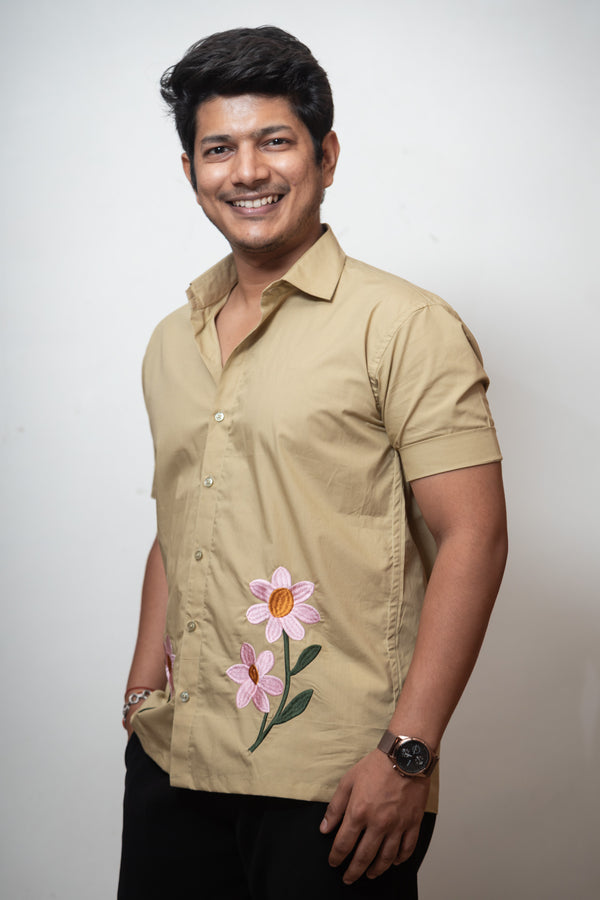 Green Boxy Fit Floral Embroidered Shirt