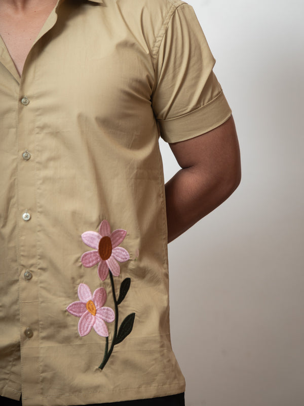 Green Boxy Fit Floral Embroidered Shirt