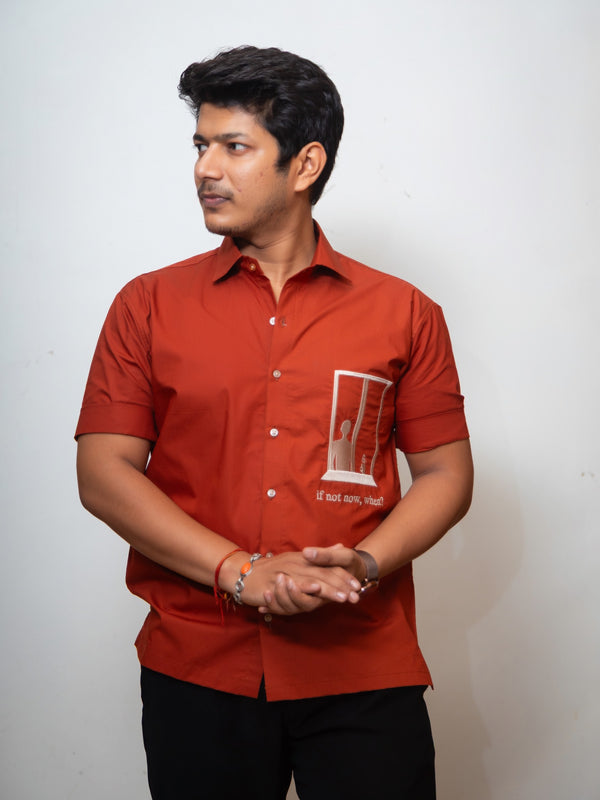 Rust Boxy Fit Graphic Embroidered Shirt