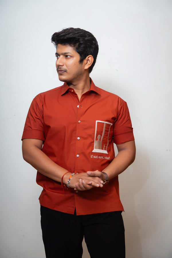 Rust Boxy Fit Graphic Embroidered Shirt