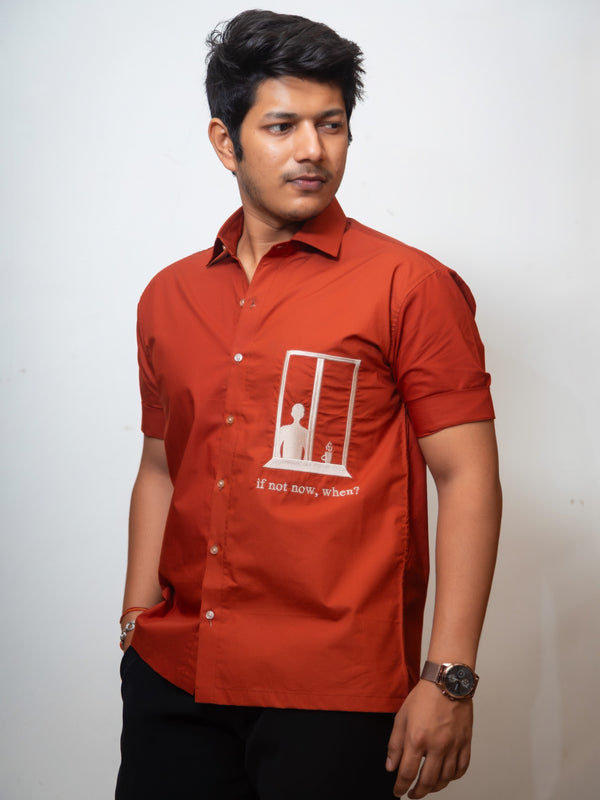 Rust Boxy Fit Graphic Embroidered Shirt