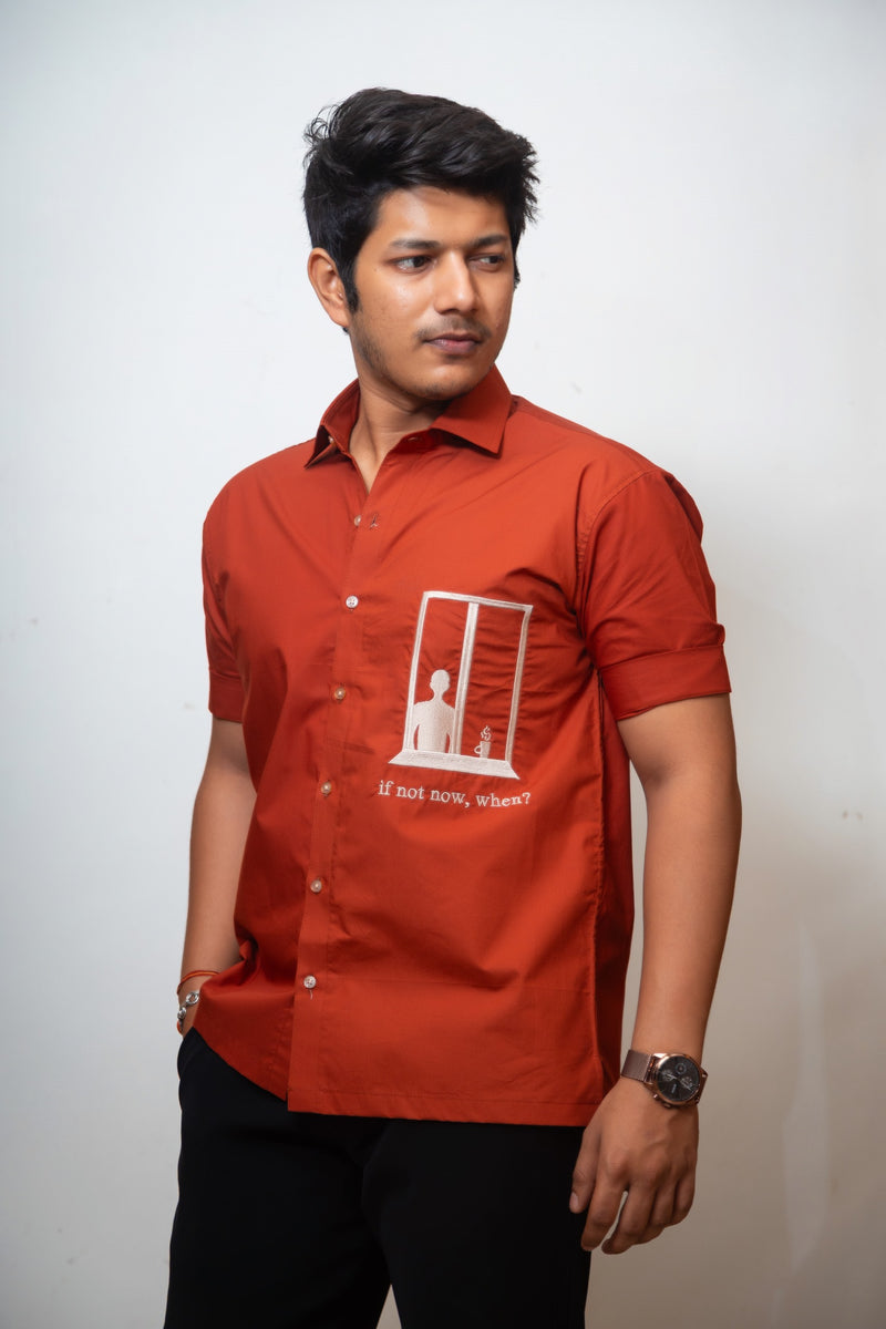 Rust Boxy Fit Graphic Embroidered Shirt