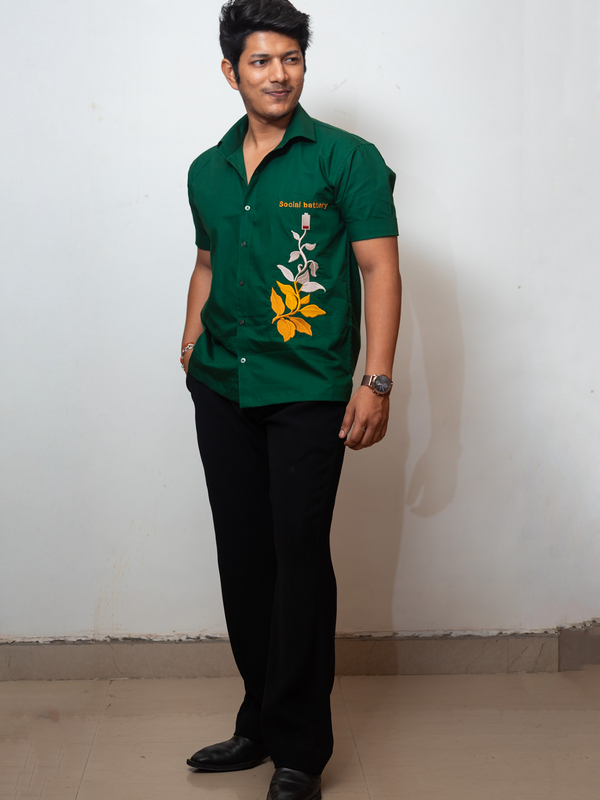 Dark Green Boxy Fit Graphic Embroidered Shirt