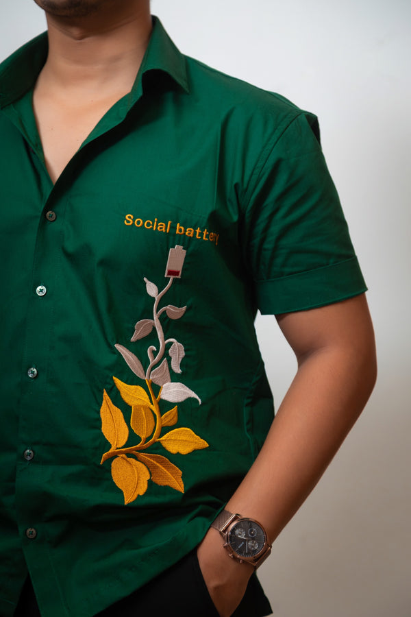 Dark Green Boxy Fit Graphic Embroidered Shirt