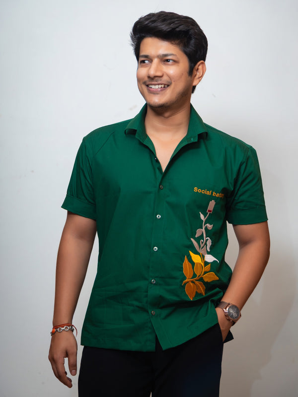 Dark Green Boxy Fit Graphic Embroidered Shirt