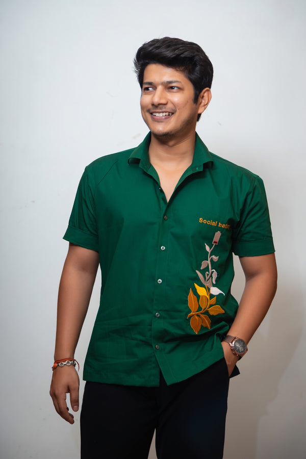 Dark Green Boxy Fit Graphic Embroidered Shirt