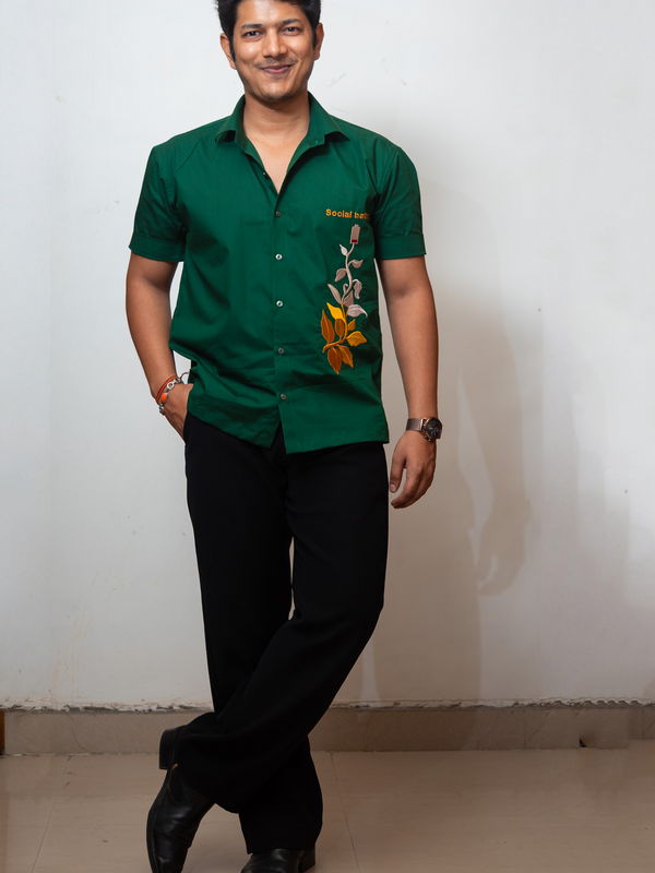 Dark Green Boxy Fit Graphic Embroidered Shirt