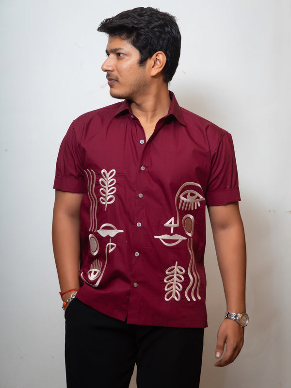 Maroon Boxy Fit Graphic Embroidered Shirt
