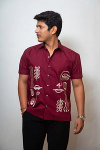 Maroon Boxy Fit Graphic Embroidered Shirt