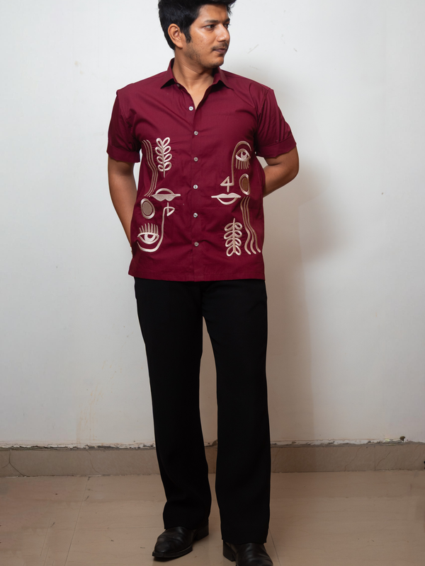 Maroon Boxy Fit Graphic Embroidered Shirt
