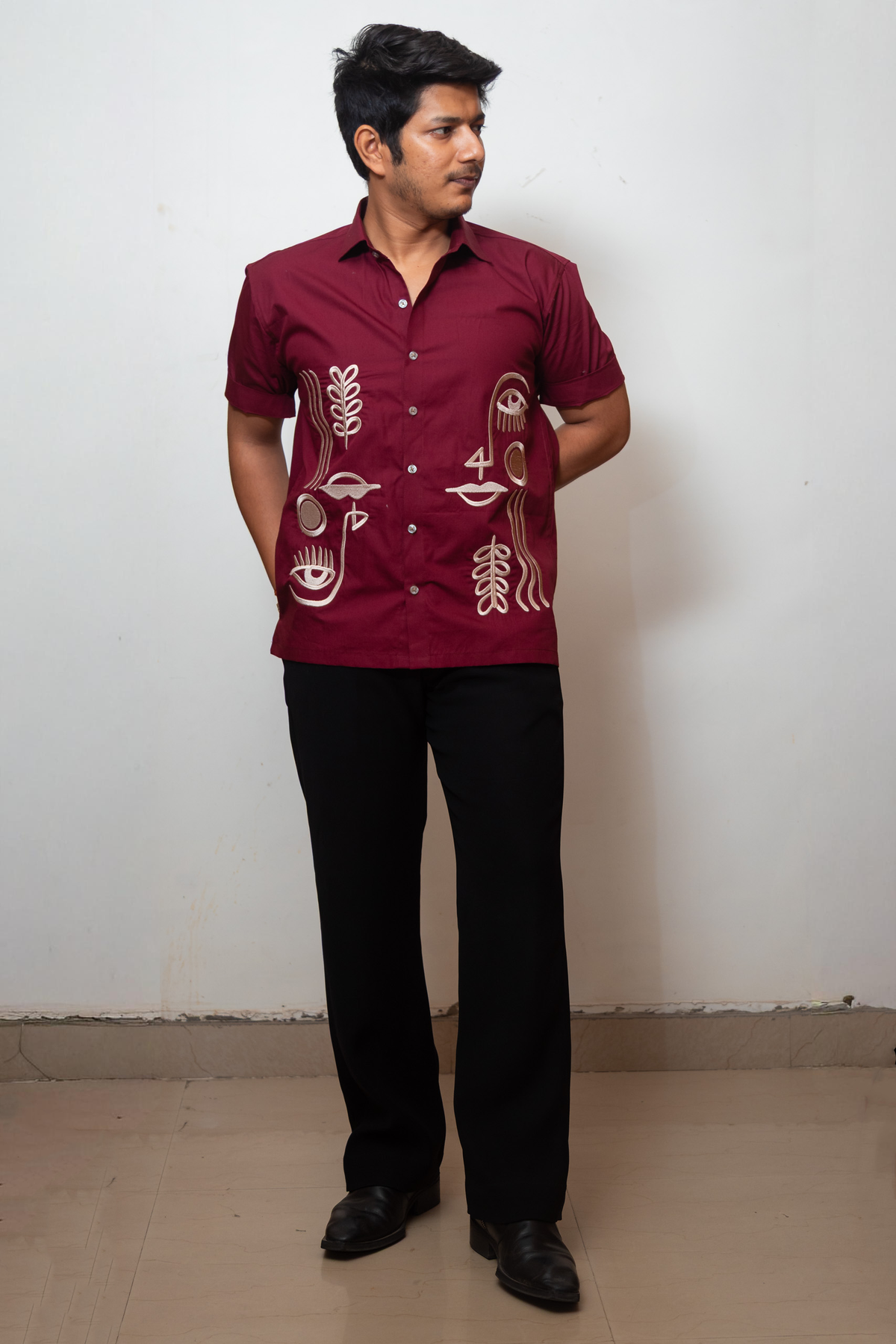 Maroon Boxy Fit Graphic Embroidered Shirt