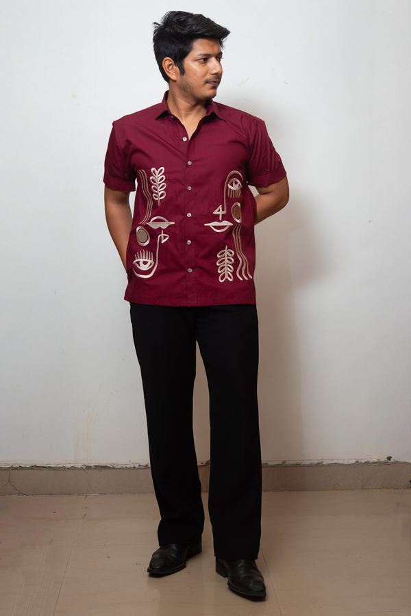 Maroon Boxy Fit Graphic Embroidered Shirt