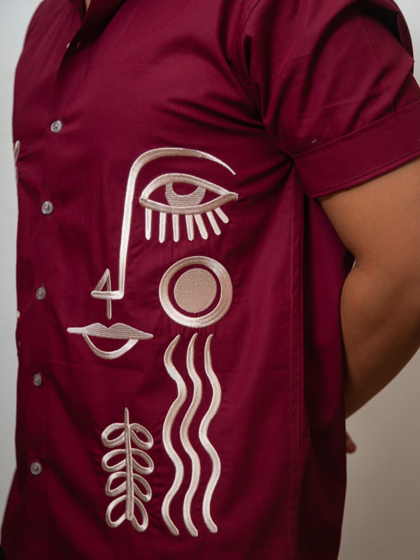 Maroon Boxy Fit Graphic Embroidered Shirt
