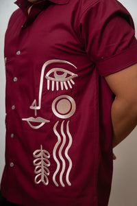 Maroon Boxy Fit Graphic Embroidered Shirt