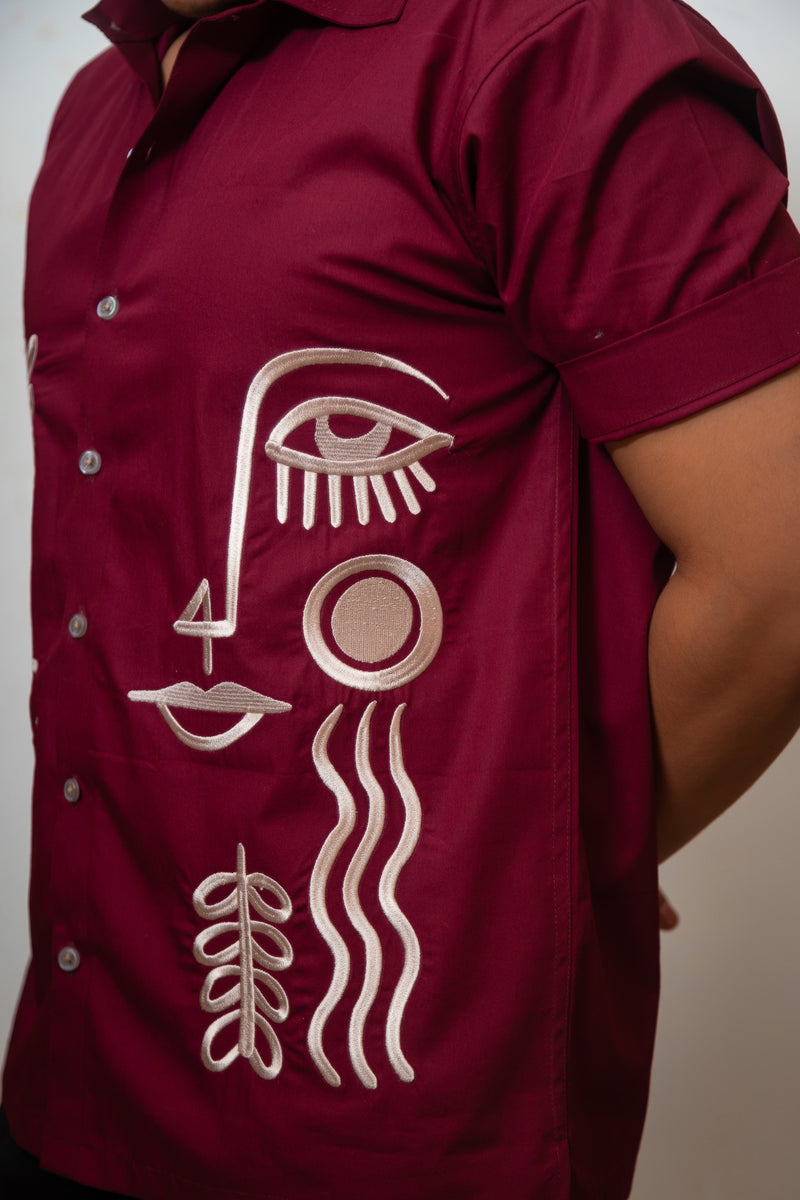 Maroon Boxy Fit Graphic Embroidered Shirt