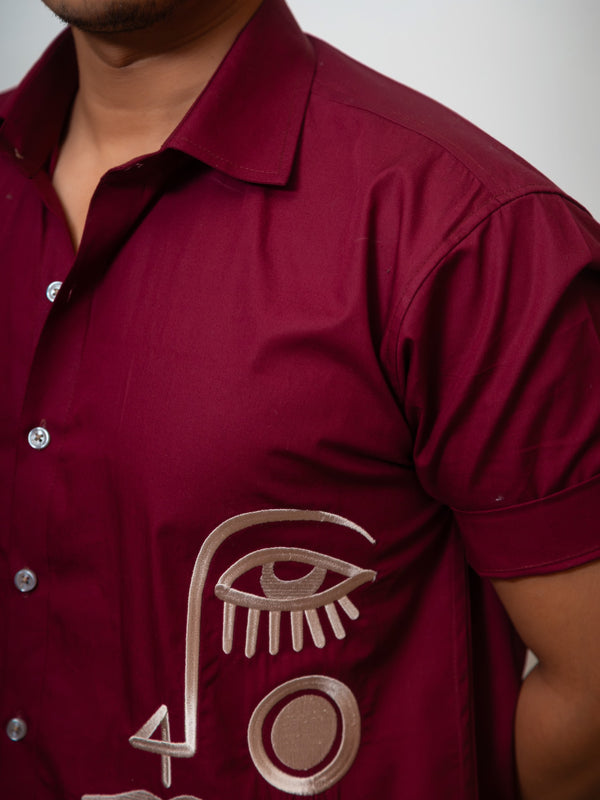 Maroon Boxy Fit Graphic Embroidered Shirt