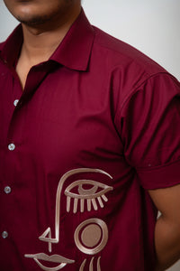 Maroon Boxy Fit Graphic Embroidered Shirt