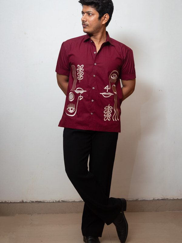 Maroon Boxy Fit Graphic Embroidered Shirt